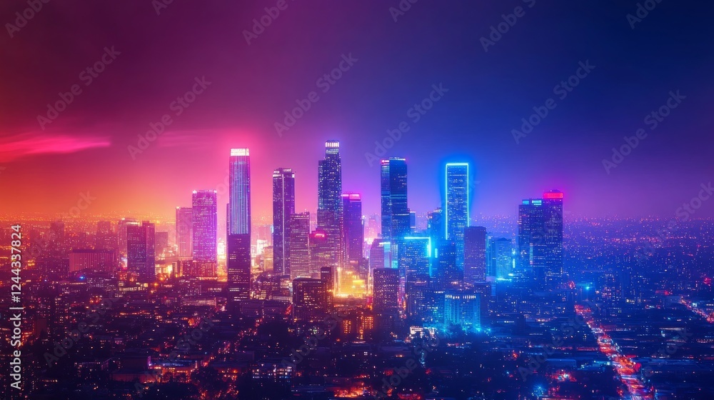 Obraz premium Nighttime Cityscape with Vibrant Lights Overlooking Downtown Skyline