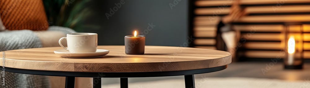 Round wooden bistro coffee table with black metal legs, cozy cafe setting, warm lighting Round wooden bistro coffee table with black metal legs, cozy cafe setting, warm lighting