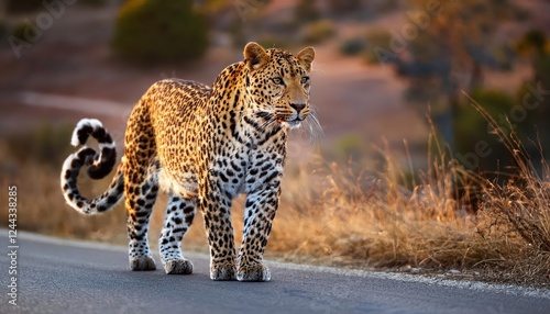 Vigorous Male Leopard Strides Along a Road Amidst Wilderness at Dawn Panthera pardus Roaming Freely Through Tropical Landscape photo