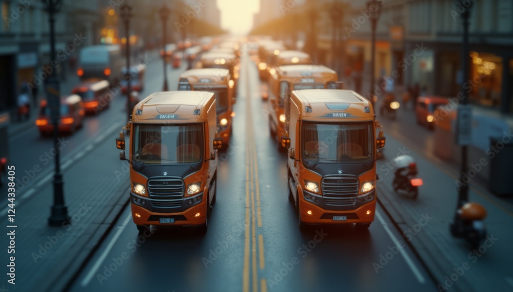 Fototapeta premium A city street lined with buses and lit by the warm colors of the sunset, with a soft focus on the vehicles.
