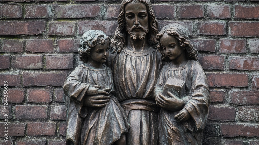 Bronze Statue of Jesus with Children Amidst Brick Cemetery Wall - A Touching Tribute to Faith Bronze Statue of Jesus with Children Amidst Brick Cemetery Wall - A Touching Tribute to Faith