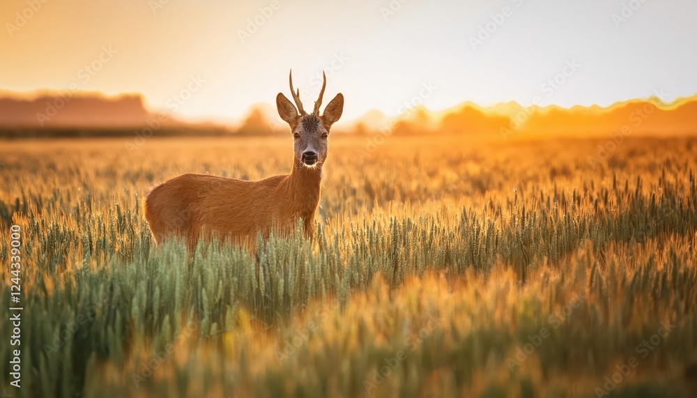 Majestic Roe Deer Amidst Growing Grain Field at Sunsets Glow, Capturing the Tranquil Beauty of Nature in Early Winter Majestic Roe Deer Amidst Growing Grain Field at Sunsets Glow, Capturing the Tranquil Beauty of Nature in Early Winter
