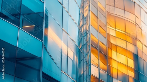 Modern Glass Building Facade with Colorful Reflections at Sunset