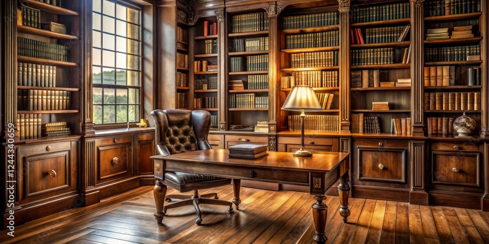 Classic Wood Library with Desk and Chair Illuminated by Lamp Classic Wood Library with Desk and Chair Illuminated by Lamp