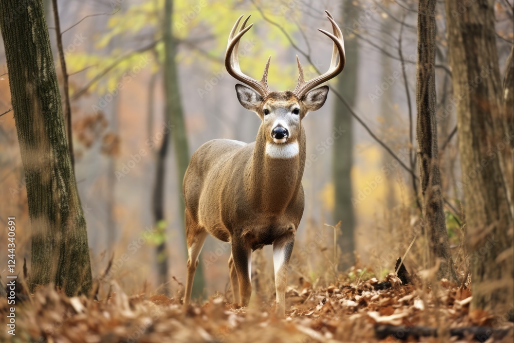 Majestic Buck in Tennessee Woods. White-tailed Deer Antlers and Horns Amidst Nature and Trees