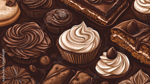 Chocolate desserts posters or banners templates for bakery or confectionery shop. Vector set of chocolate cakes, choco pies or muffins and cupcakes, tiramisu or brownie tortes chocolate cocoa sweets photo