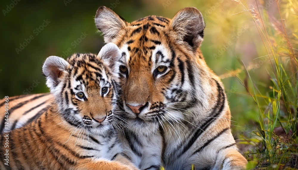 Striking Mother Tiger and Cub Basking in the Warmth of an Indian Jungle Afternoon, Showcasing Vibrant Fur Textures and Emotional Intimacy within the Wild. Striking Mother Tiger and Cub Basking in the Warmth of an Indian Jungle Afternoon, Showcasing Vibrant Fur Textures and Emotional Intimacy within the Wild.