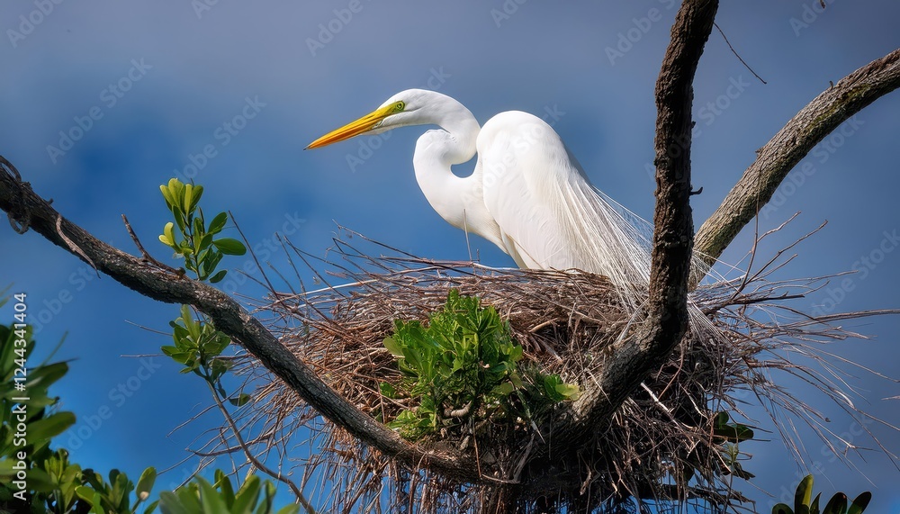 Tranquil Sunrise Reveals a Solitary Great Egret Nesting amidst the Mangroves of Floridas Coastal Wetlands, Capturing the Serene Beauty and Abundant Wildlife of Americas Southern Paradise. Tranquil Sunrise Reveals a Solitary Great Egret Nesting amidst the Mangroves of Floridas Coastal Wetlands, Capturing the Serene Beauty and Abundant Wildlife of Americas Southern Paradise.