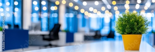 Office Plant on Modern Desk - A small green plant in a yellow pot sits on a white desk in a modern, bright office setting.  The background is blurred, showing blue office furniture and windows.