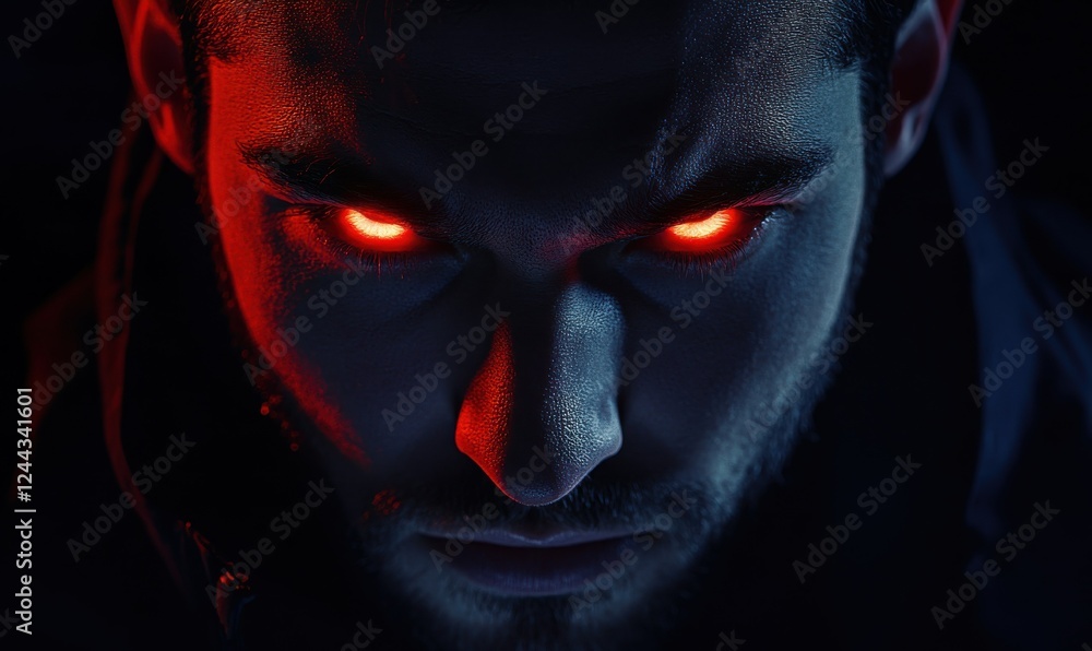 Portrait of a man with red, glowing eyes, his face partially shadowed, evoking mystery and otherworldly intrigue. Portrait of a man with red, glowing eyes, his face partially shadowed, evoking mystery and otherworldly intrigue.