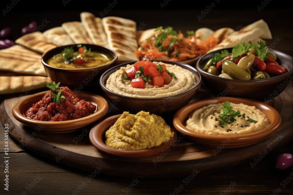 Mezze Madness: Antipasto Platter with Hummus and Olive, Pita Bread and Samosa, Tomato, Aubergine with Lip-smacking Middle-Eastern Sauce Mezze Madness: Antipasto Platter with Hummus and Olive, Pita Bread and Samosa, Tomato, Aubergine with Lip-smacking Middle-Eastern Sauce