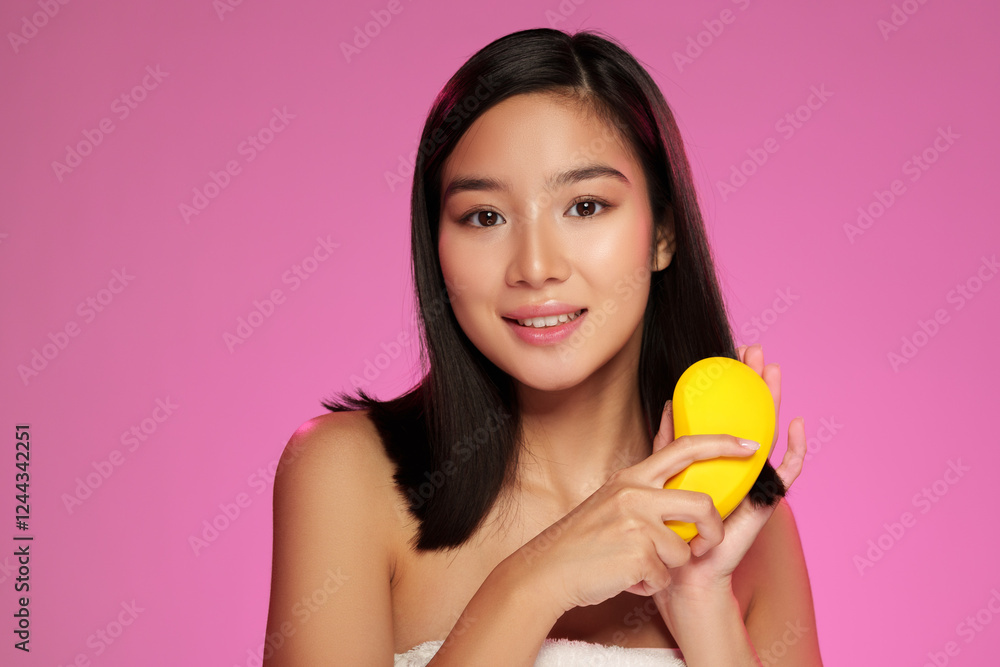 Woman demonstrating a yellow skincare tool against a vibrant pink background in a beauty setting Woman demonstrating a yellow skincare tool against a vibrant pink background in a beauty setting