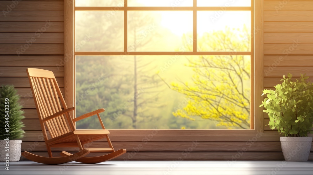 Peaceful Morning in a Wooden Cabin - A wooden rocking chair sits by a large window overlooking a tranquil forest scene, bathed in warm sunlight. Peaceful Morning in a Wooden Cabin - A wooden rocking chair sits by a large window overlooking a tranquil forest scene, bathed in warm sunlight.