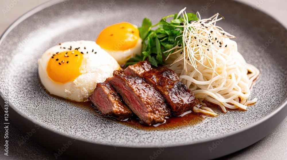 Gourmet beef steak with poached eggs and noodles culinary art in an elegant restaurant setting Gourmet beef steak with poached eggs and noodles culinary art in an elegant restaurant setting