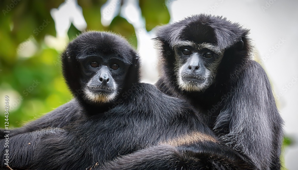 Striking Black Owa Siamang or Gibbon Monkey, Majestically Perched on a Branch in the Lush Tropical Rainforest of Sumatra, Showcasing Elegant Fur and Bold, Intense Eyes. Striking Black Owa Siamang or Gibbon Monkey, Majestically Perched on a Branch in the Lush Tropical Rainforest of Sumatra, Showcasing Elegant Fur and Bold, Intense Eyes.