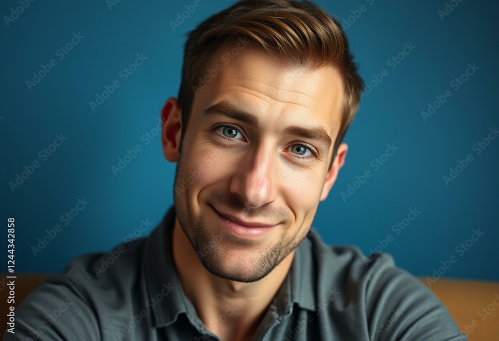 Male portrait with large nose and soft blue background