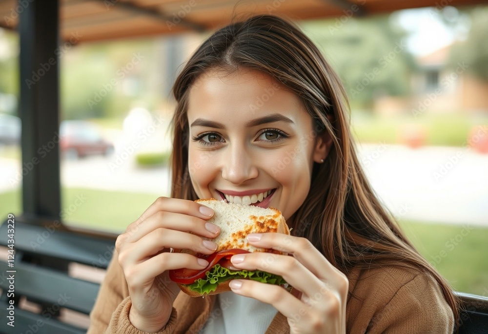 Female eating a sandwich in a quiet outdoor setting Female eating a sandwich in a quiet outdoor setting