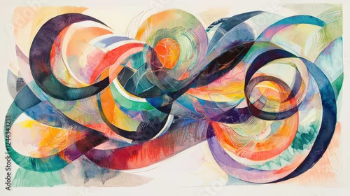 Panel kuchenny z motywem A large abstract artwork showcases a lively blend of swirling shapes and vivid colors. The dynamic composition invites viewers to explore its energetic flow and intricate details