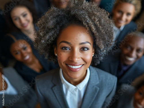 Aerial view of diverse group of professionals in suits smiling together, showcasing unity and positivity in corporate environment photo