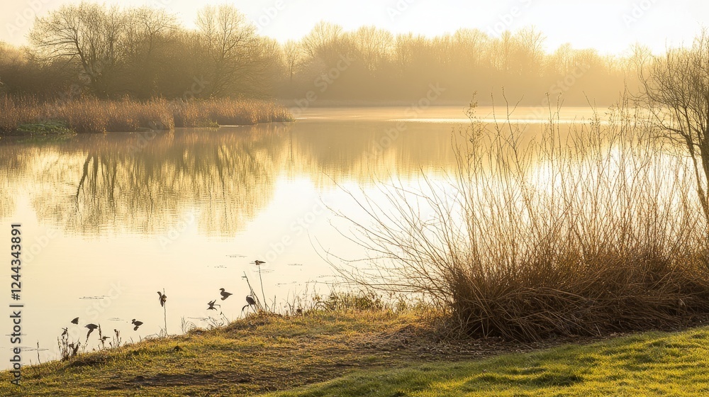 Serene Winter Sunrise over a Peaceful Lake, Majestic Reflections and Birds Serene Winter Sunrise over a Peaceful Lake, Majestic Reflections and Birds