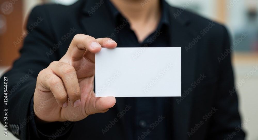 A close-up of a person holding a blank white business card at arm's length featuring a warm and inviting indoor setting the individual is wearing formal attire A close-up of a person holding a blank white business card at arm's length featuring a warm and inviting indoor setting the individual is wearing formal attire