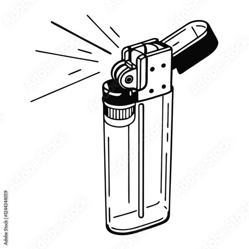 black and white line art of a transparent disposable lighter,  