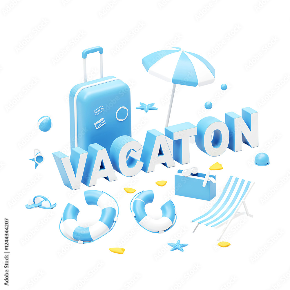 Fototapeta premium 3D Isometric Typography of VACATION with Beach Elements and Light Blue Suitcase on Transparent Background