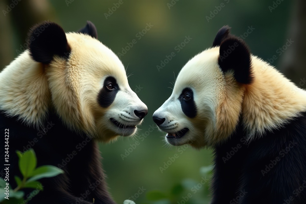 Obraz premium Two large panda heads gazing at each other, intimate scene , friendship, unity