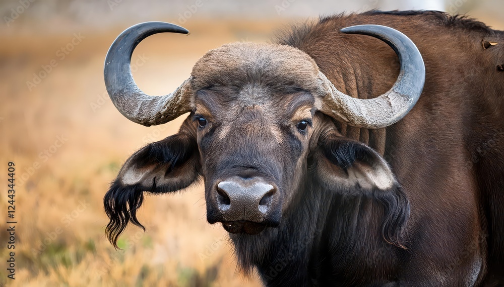Striking Portrait of a Majestic Buffalo Bull, Syncerus caffer in Africa, Caught in the Golden Light of Sunset, Showcasing Textured Horns and Powerful Physique. Striking Portrait of a Majestic Buffalo Bull, Syncerus caffer in Africa, Caught in the Golden Light of Sunset, Showcasing Textured Horns and Powerful Physique.