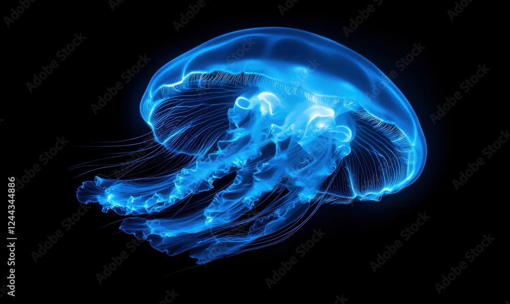 Majestic jellyfish glowing in blue bioluminescent tones, floating gracefully in a dark ocean environment. Majestic jellyfish glowing in blue bioluminescent tones, floating gracefully in a dark ocean environment.
