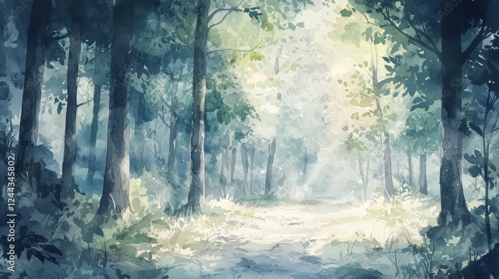 Obraz premium Soft light illuminates a serene forest clearing, surrounded by tall trees and lush greenery. Morning mist adds a peaceful ambiance to the tranquil setting