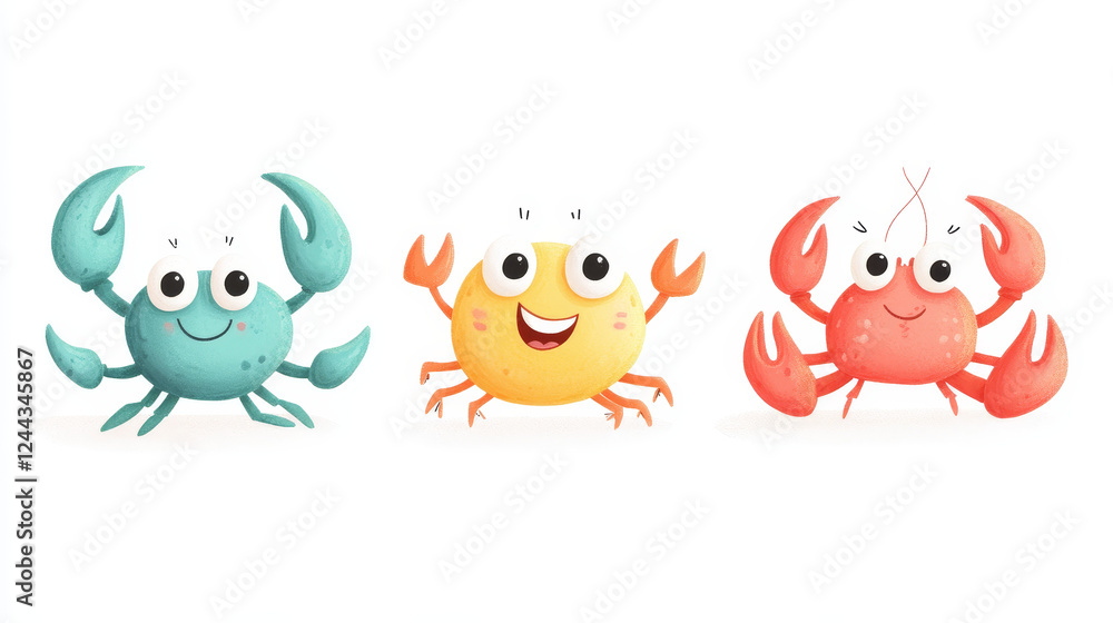 Cartoon red shrimp, crab and lobster characters with smiling faces and googly eyes isolated on white for seafood or another design Cartoon red shrimp, crab and lobster characters with smiling faces and googly eyes isolated on white for seafood or another design