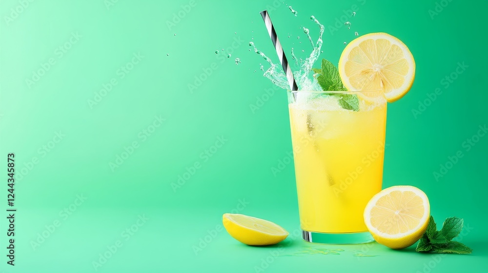 Fototapeta premium Refreshing Lemonade Splash - Zesty summer beverage, vibrant yellow, ice cubes, mint garnish, and lemon slices. Symbolizing refreshment, summer, health, vitality, and happiness.