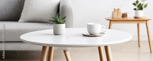 Wallpaper Mural White round bistro coffee table, Scandinavian-inspired cafe, simple and clean aesthetic Torontodigital.ca