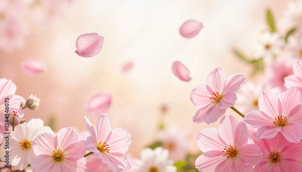 Soft Pink Flowers and Falling Petals in a Dreamy Spring Atmosphere Soft Pink Flowers and Falling Petals in a Dreamy Spring Atmosphere
