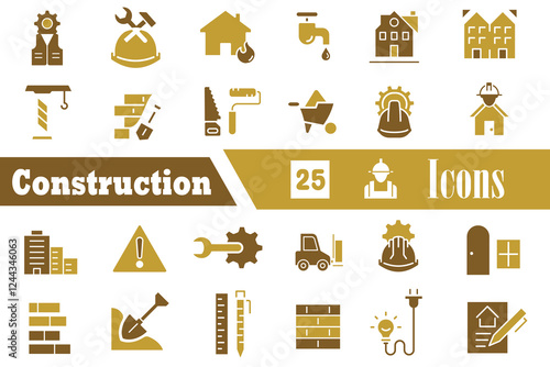 Construction and its tools editable icons. Containing building, project, skyscraper, crane, build, equipment, prepared icon, paintbrush, pliers and more. Vector illustration