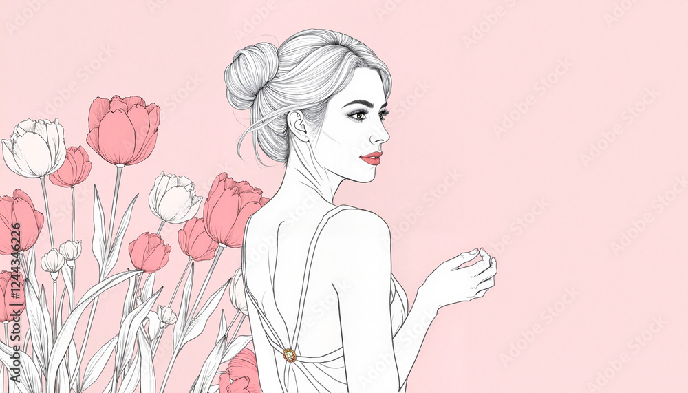 Elegant Woman in a Minimalist Tulip Illustration on Pink Background Elegant Woman in a Minimalist Tulip Illustration on Pink Background