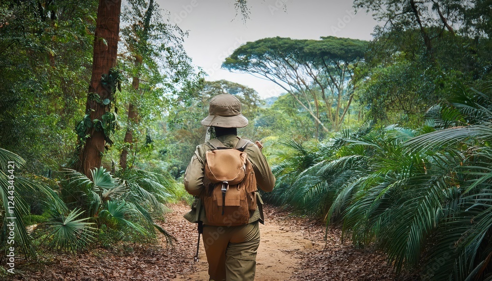 Fototapeta premium Expert Ranger Navigating Tourists Through a Lush, Vibrant Jungle in National Park at Dusk