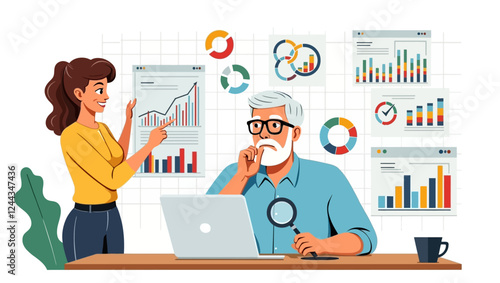 People with statistical analysis. Man with laptop and magnifying glass evaluates graphs and diagrams. Analysts with infographics and statistics. Flat vector illustration