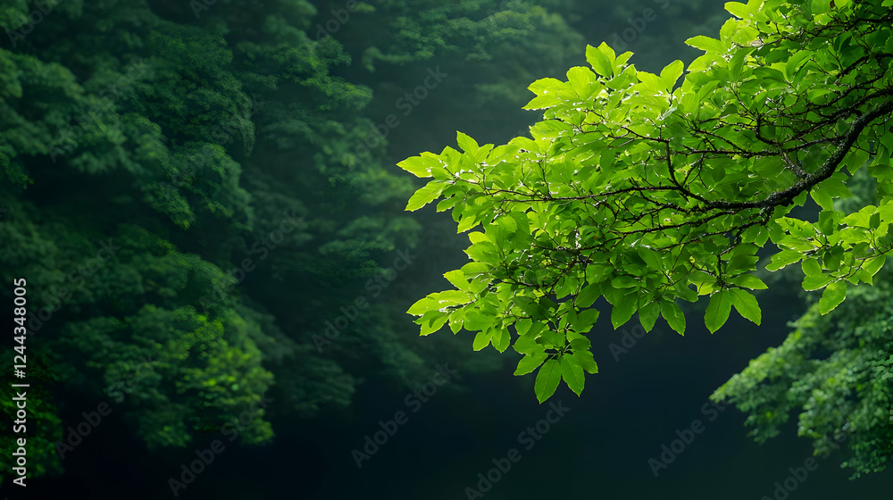 Fototapeta premium Lush green leaves sunlight forest background nature wallpaper