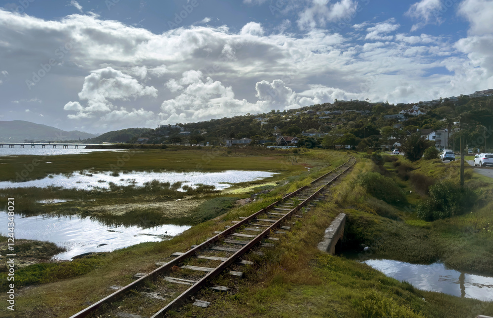 Fototapeta premium Abandoned railway track on a coatal wetland landscape, dramatic clouds sky, South Africa