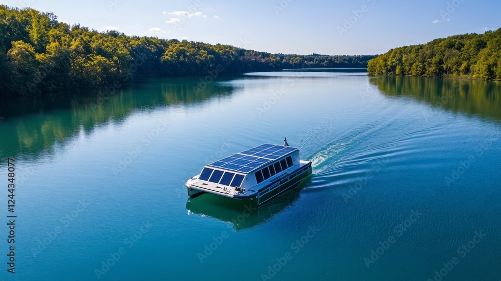 Solar-Powered Boat Navigating Calm Blue Water in Scenic Landscape Solar-Powered Boat Navigating Calm Blue Water in Scenic Landscape