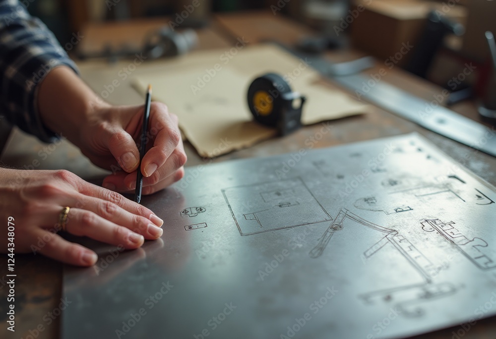 A skilled hand delicately sketches intricate designs on a metal sheet, surrounded by tools of the trade in a cozy workshop. The warm ambiance highlights the focus and dedication of the creator, with a A skilled hand delicately sketches intricate designs on a metal sheet, surrounded by tools of the trade in a cozy workshop. The warm ambiance highlights the focus and dedication of the creator, with a
