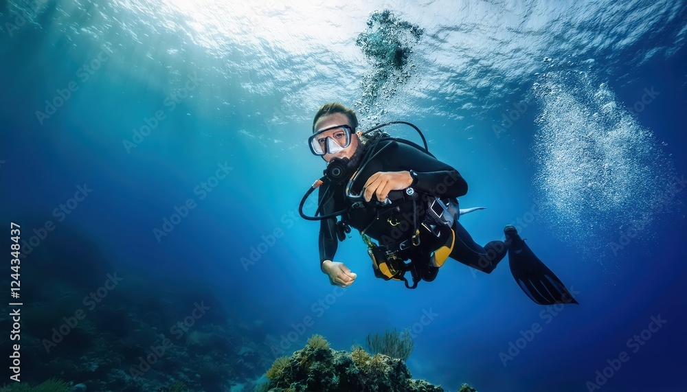 Mystical Underwater Adventure A Scuba Diver Gracefully Glides through an Abundant Aquatic Wonderland beneath a Sinking Sunset, Illuminating the Ocean Depths with Warm Hues and Vibrant Colors. Mystical Underwater Adventure A Scuba Diver Gracefully Glides through an Abundant Aquatic Wonderland beneath a Sinking Sunset, Illuminating the Ocean Depths with Warm Hues and Vibrant Colors.