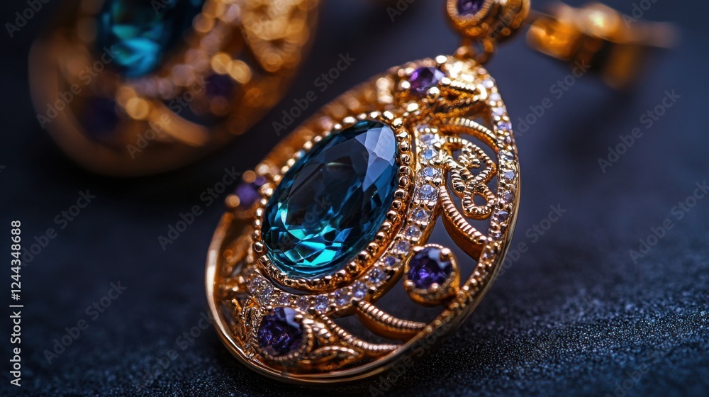 Delicate gold earrings featuring a large blue gemstone surrounded by intricate designs and small purple stones. These stunning accessories highlight elegance and craftsmanship Delicate gold earrings featuring a large blue gemstone surrounded by intricate designs and small purple stones. These stunning accessories highlight elegance and craftsmanship
