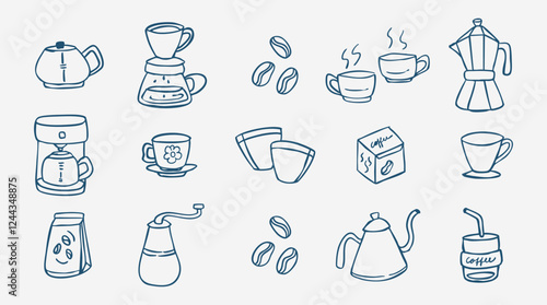 Coffee time, set of line doodle coffee utensils isolated on white background