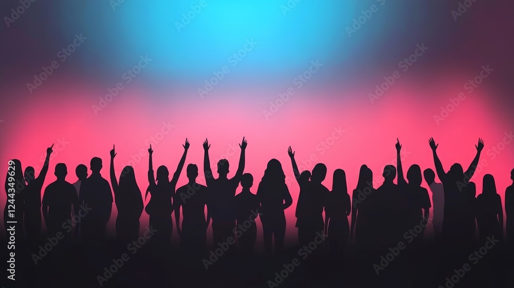 Silhouetted Crowd at a Vibrant Event - A diverse group of people silhouetted against a bright pink and blue background, celebrating and enjoying a lively event. Silhouetted Crowd at a Vibrant Event - A diverse group of people silhouetted against a bright pink and blue background, celebrating and enjoying a lively event.
