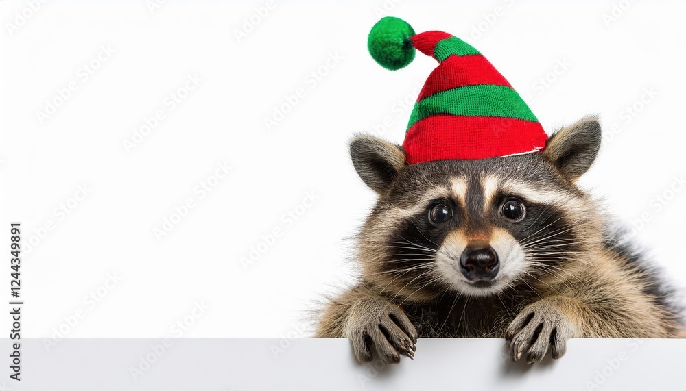Playful Raccoon in Striped Elf Hat, Peeking over White Web Banner at Christmaslike Scene, Captured in Isolated Setting. Playful Raccoon in Striped Elf Hat, Peeking over White Web Banner at Christmaslike Scene, Captured in Isolated Setting.