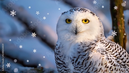 Majestic Snowy Owl Amidst a Winter Wonderland A Frosty Forest Scene with Delicate Snowflakes Filling the Air photo