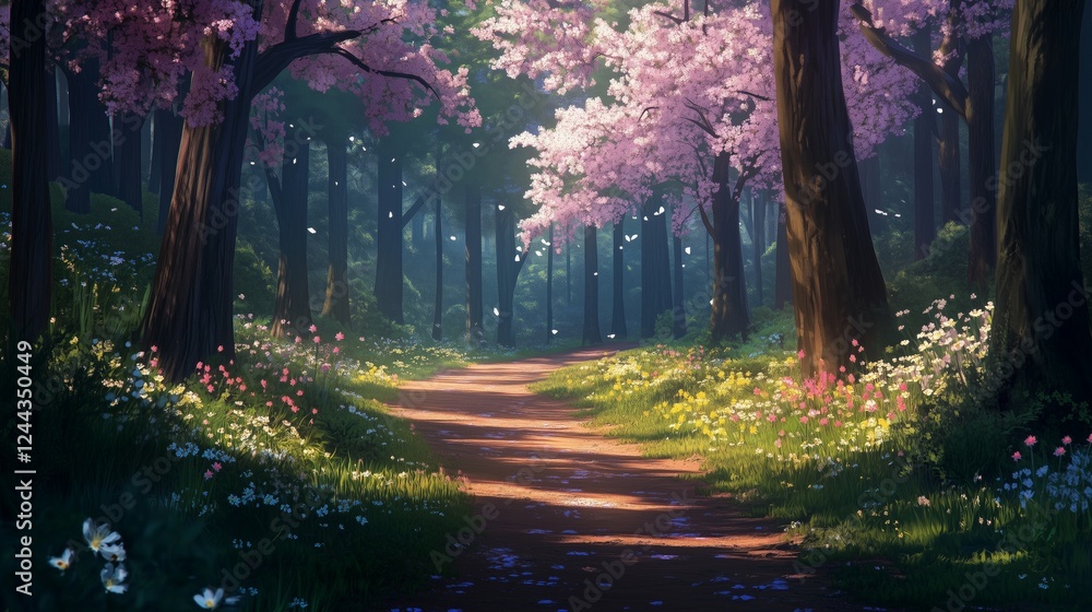 A serene forest path surrounded by budding trees A serene forest path surrounded by budding trees